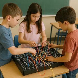 Niños aprendiendo en el aula con sintetizadores modulares